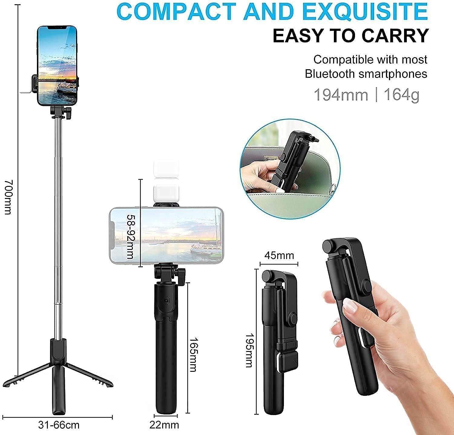 R1s Bluetooth Selfie Sticks with Remote and Selfie Light, 3-in-1 Multifunctional Selfie Stick Tripod Stand Compatible with all mobiles.